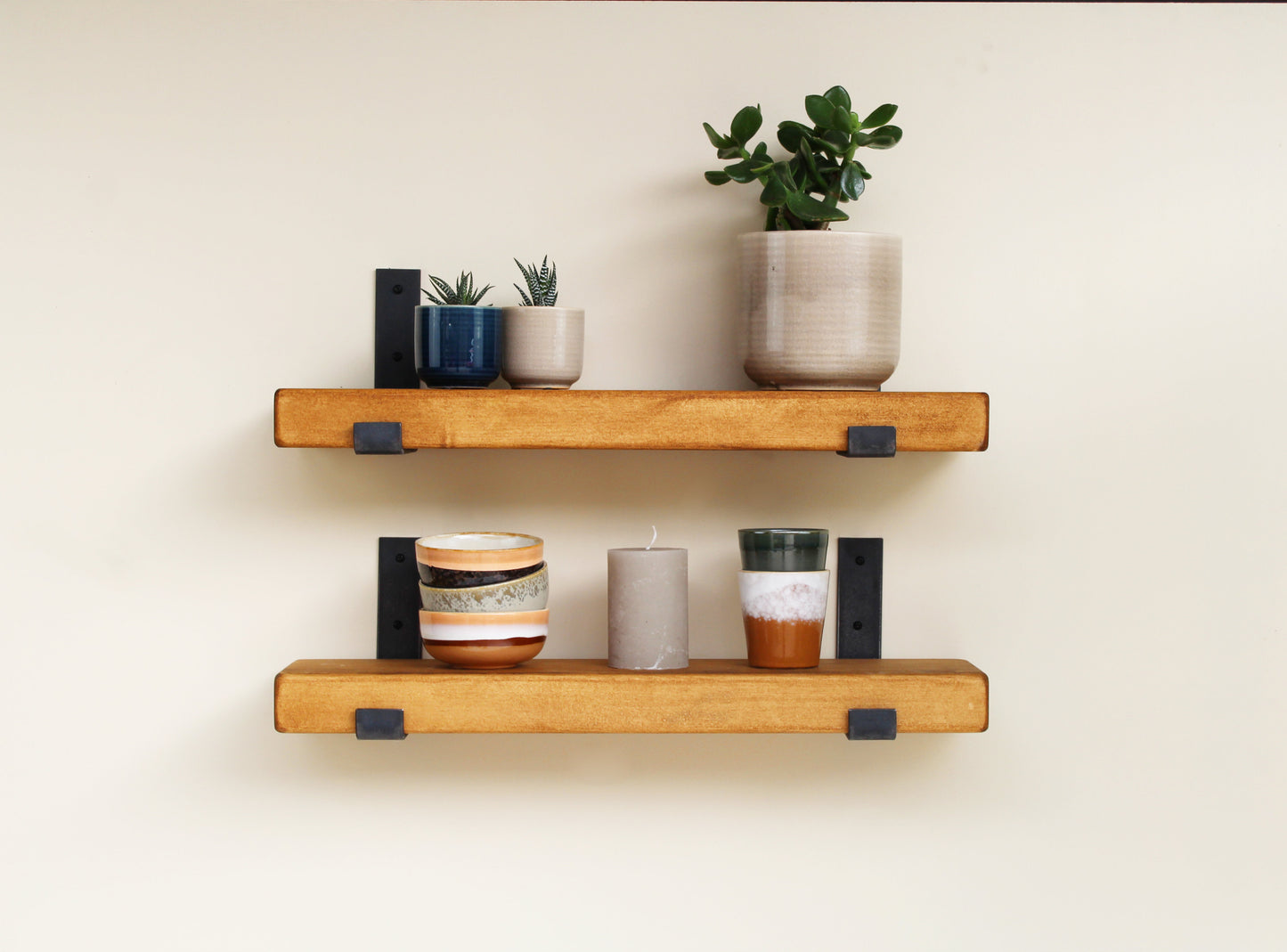Narrow Rustic Wooden Shelves with Metal Wall Brackets | 15cm Depth