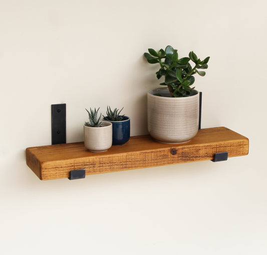 Narrow Rustic Wooden Shelves with Metal Wall Brackets | 15cm Depth