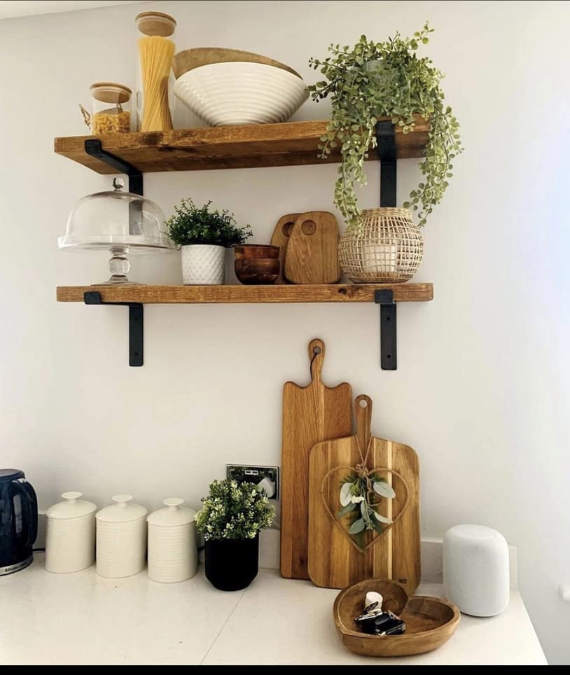 Chunky Rustic Wooden Wall Shelves with Industrial Style Bracket | 22.5cm depth