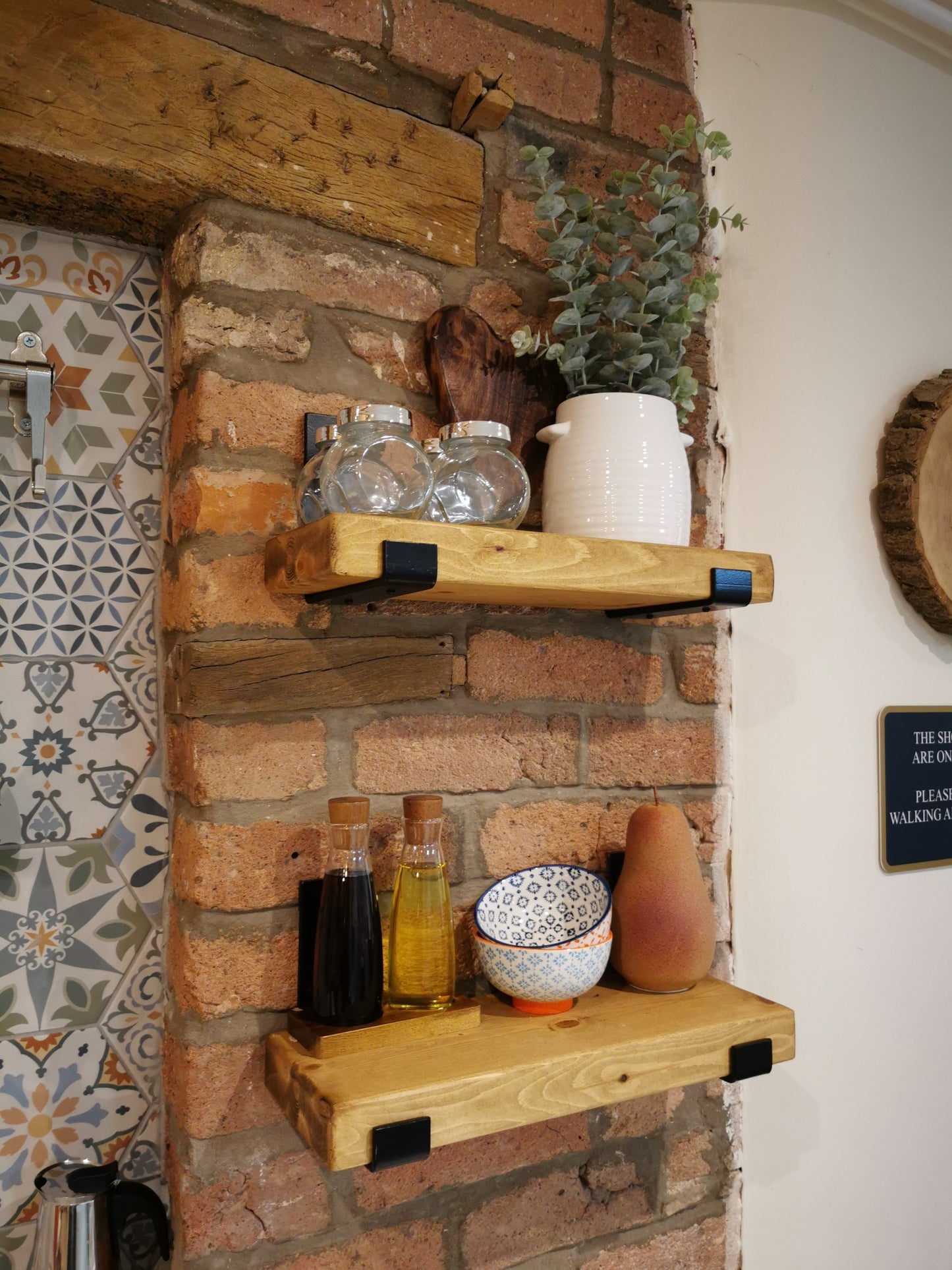 Narrow Rustic Wooden Shelves with Metal Wall Brackets | 15cm Depth