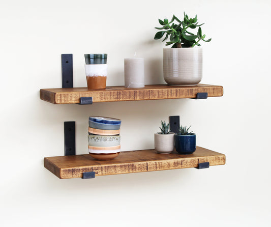 Set of 2 | Rustic Wooden Wall Shelves with Industrial Style Bracket | 22.5cm depth