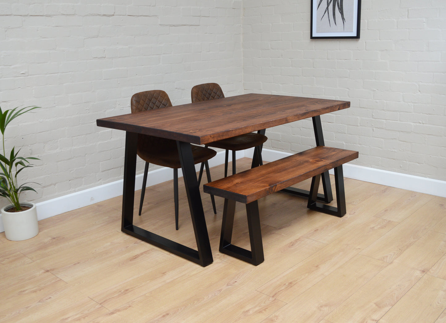 Dark Oak Industrial Dining Table with Trapezium Leg