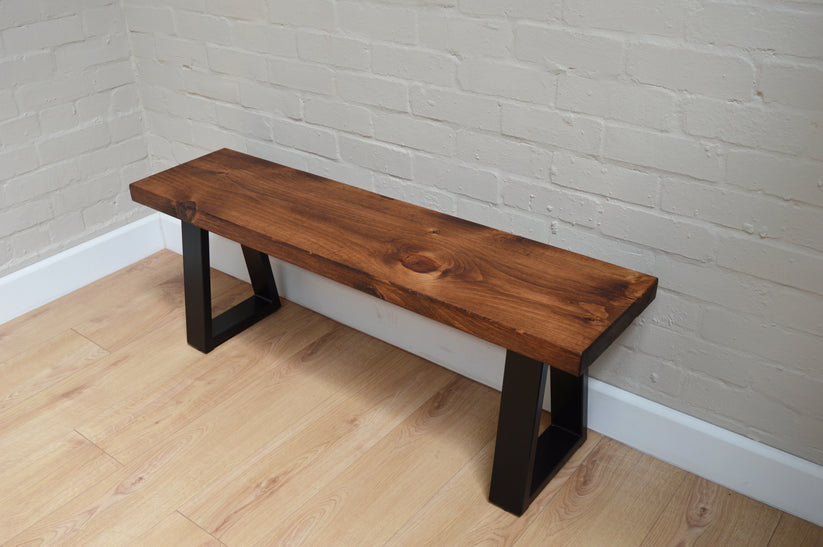 Trapezium Leg Dining Table Bench | Rustic Shoe Bench – Rust and Oak