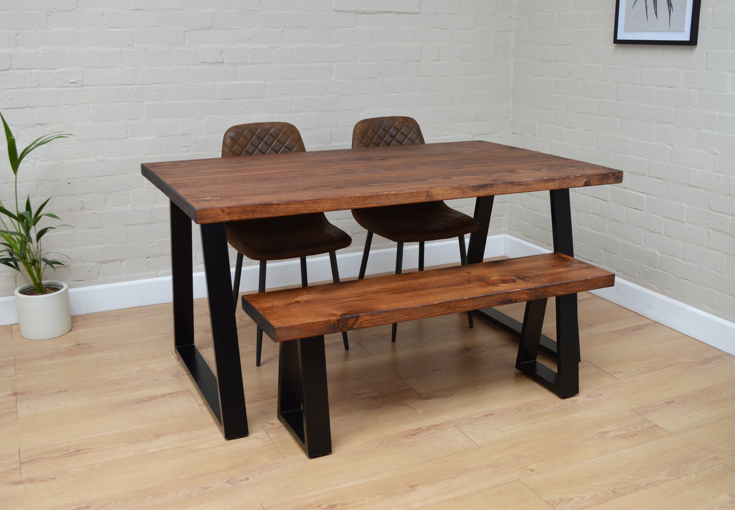 Dark Oak Industrial Dining Table with Trapezium Leg