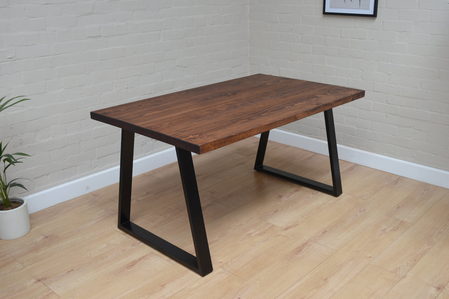 Dark Oak Industrial Dining Table with Trapezium Leg