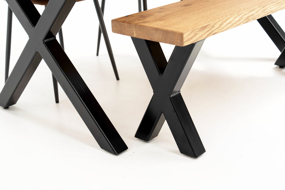 Industrial Solid Oak Dining Table | Chunky X-Frame Legs – Rust and Oak