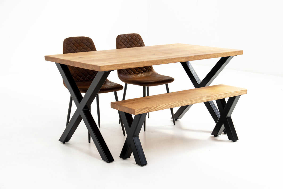 Industrial Solid Oak Dining Table | Chunky X-Frame Legs – Rust and Oak