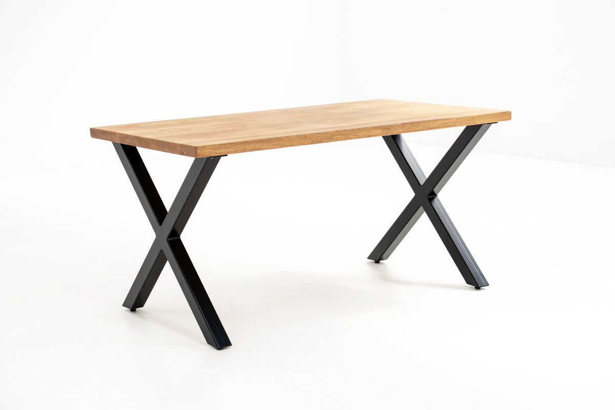 Industrial Solid Oak Dining Table | Chunky X-Frame Legs – Rust and Oak