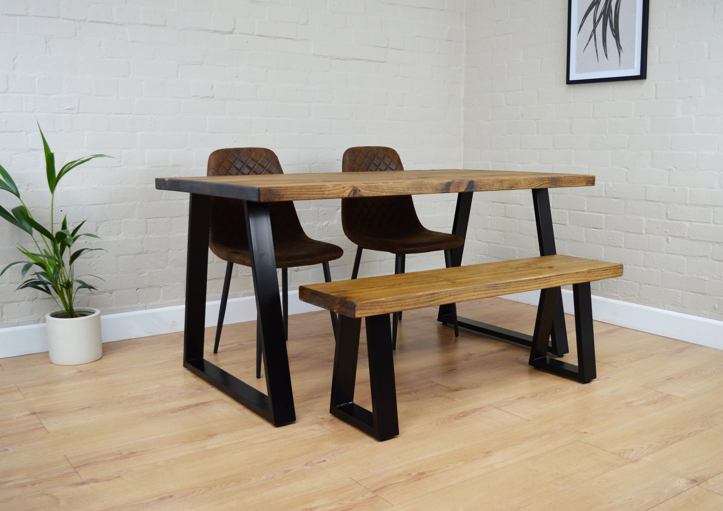 Industrial Dining Table with Trapezium Leg - Smoked Oak