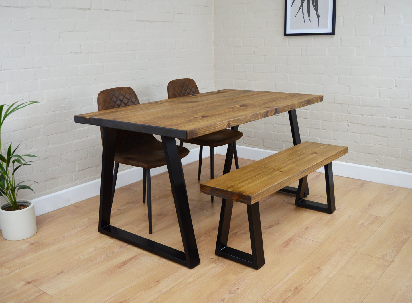 Industrial Dining Table with Trapezium Leg - Smoked Oak