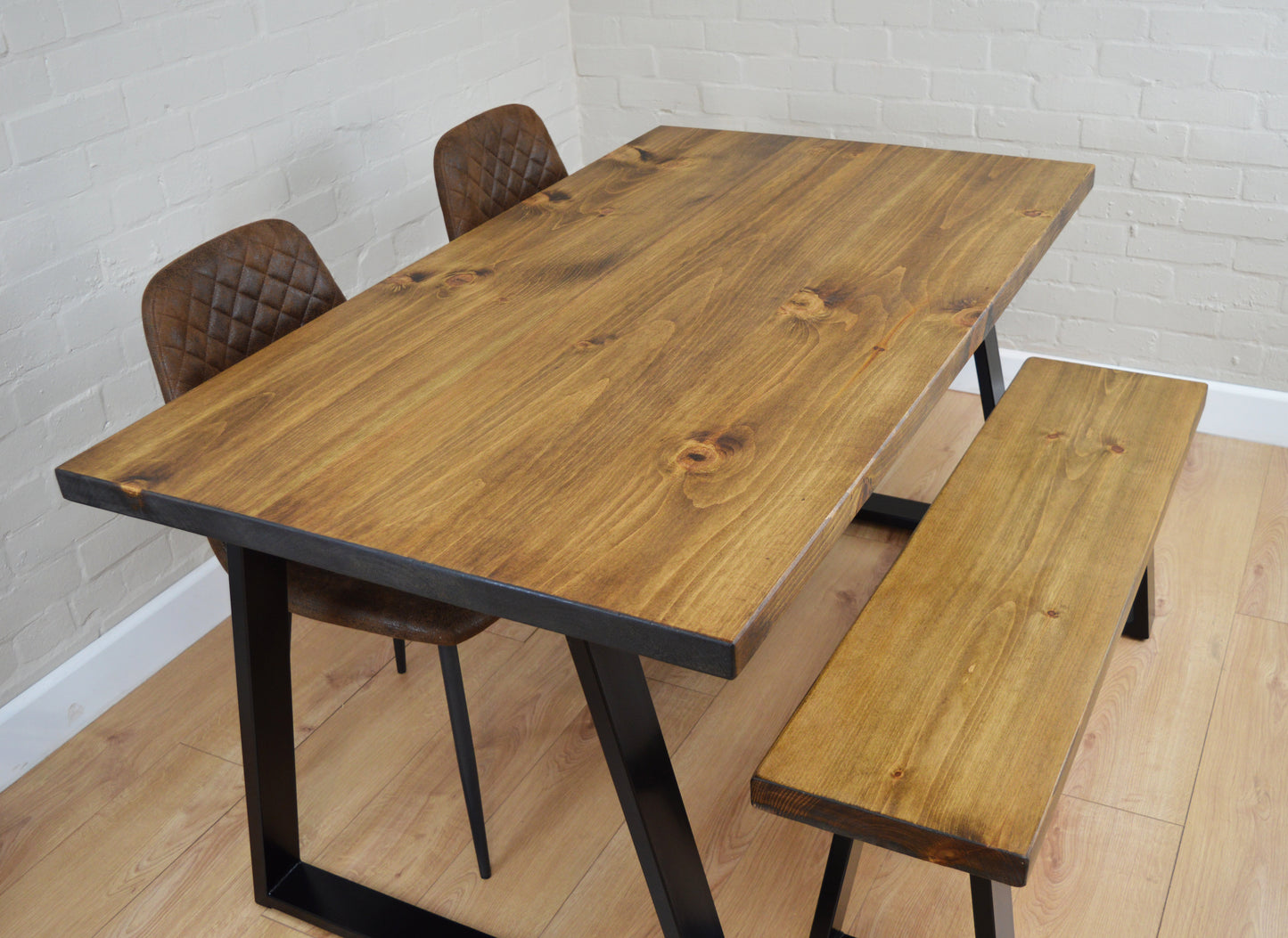 Industrial Dining Table with Trapezium Leg - Smoked Oak