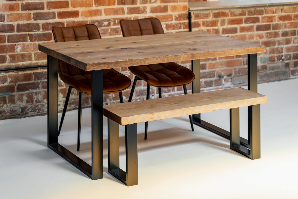 Industrial Dining Table with Square Frame Leg – Rust and Oak