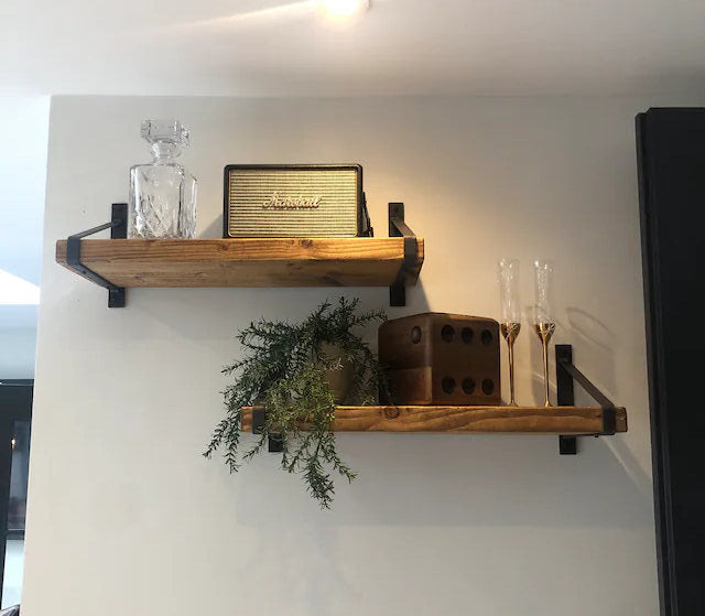 Rustic Wooden Wall Shelves with Triangle Metal Wall Brackets