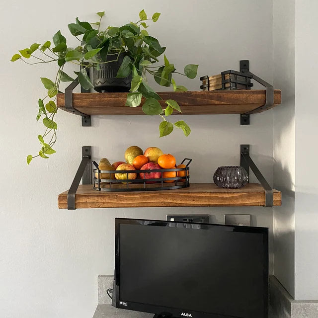 Rustic Wooden Wall Shelves with Triangle Metal Wall Brackets