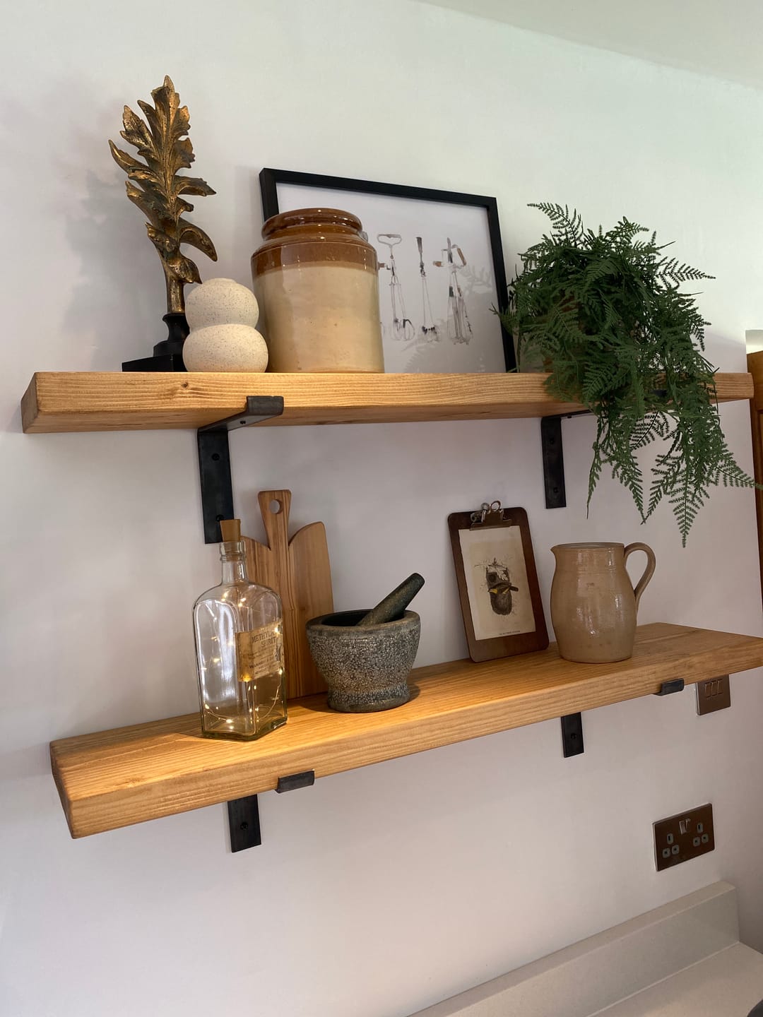 Chunky Rustic Wooden Wall Shelves with Industrial Style Bracket | 22.5cm depth