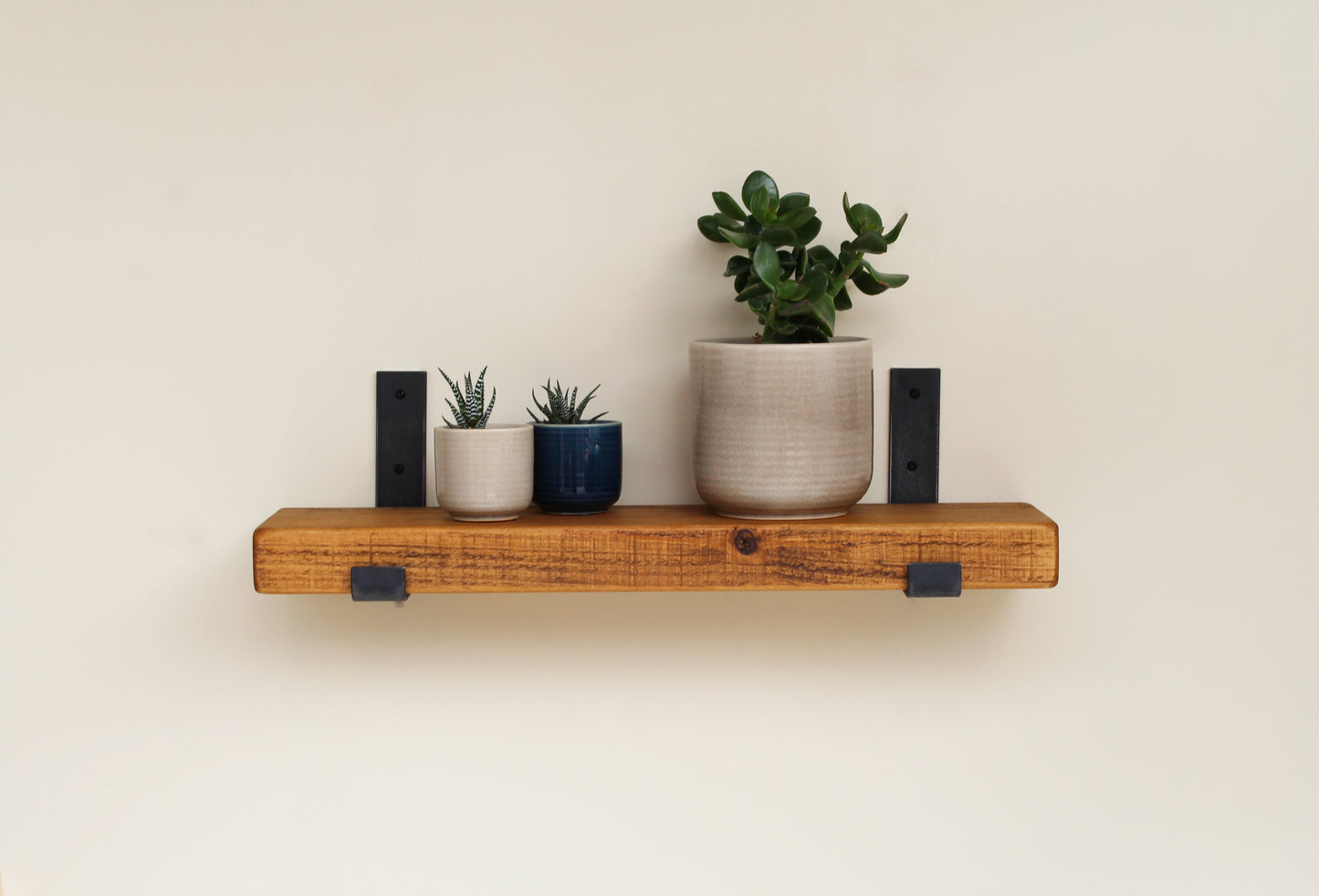 Narrow Rustic Wooden Shelves with Metal Wall Brackets | 15cm Depth