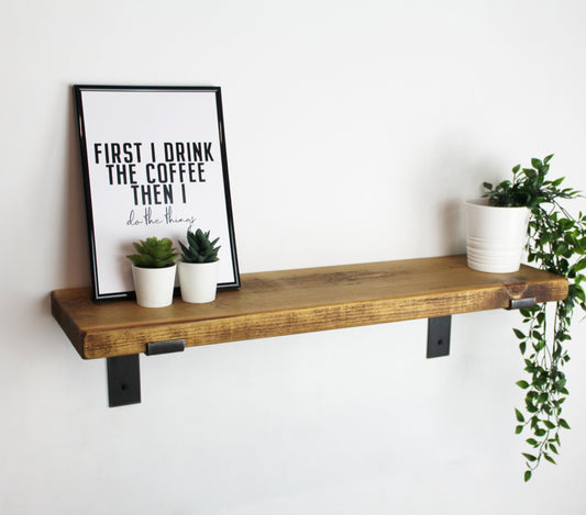 Chunky Rustic Wooden Wall Shelves with Industrial Style Bracket | 22.5cm depth