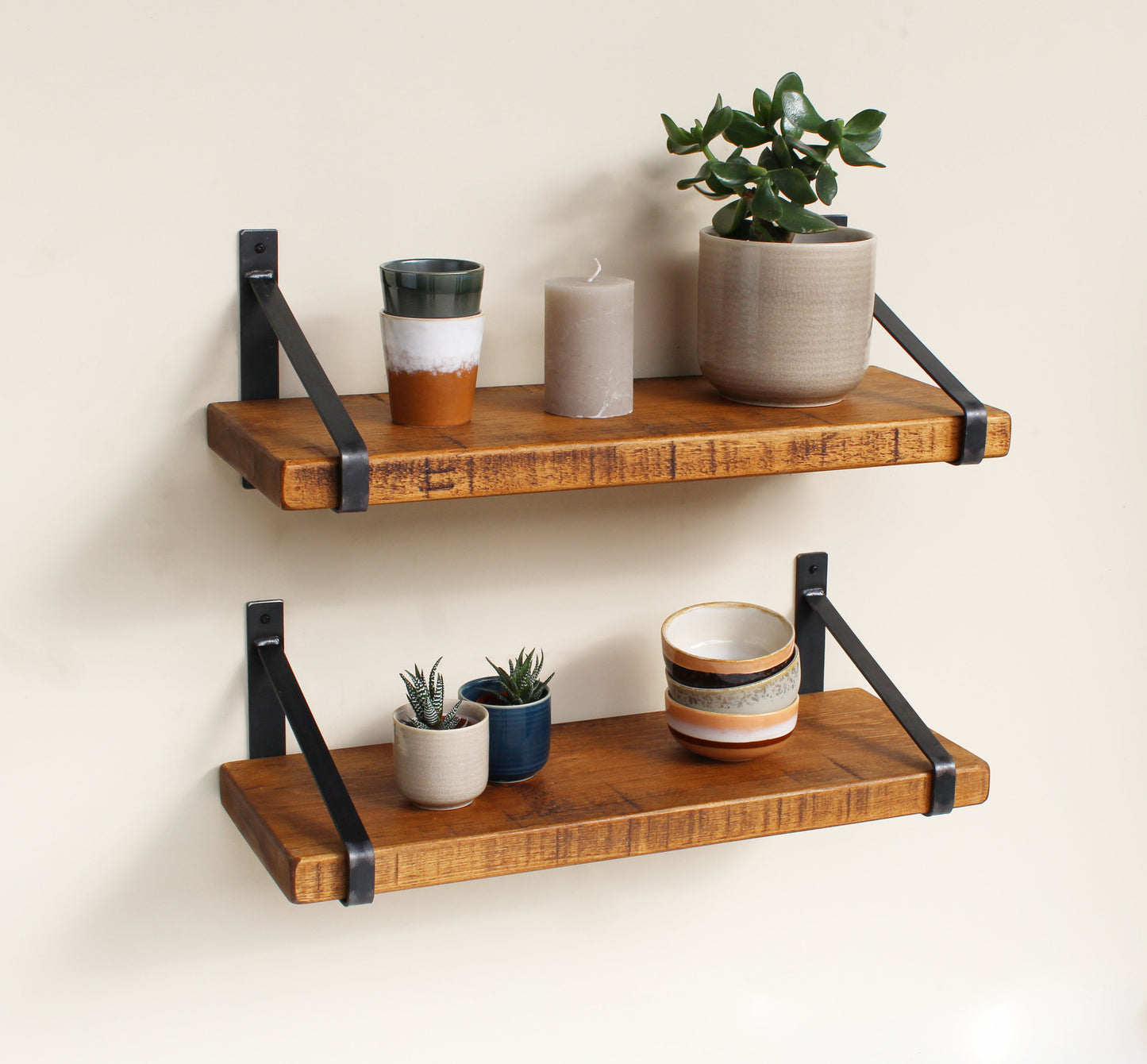 Rustic Wooden Wall Shelves with Triangle Metal Wall Brackets
