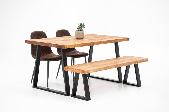 Industrial Dining Table with Trapezium Leg – Rust and Oak